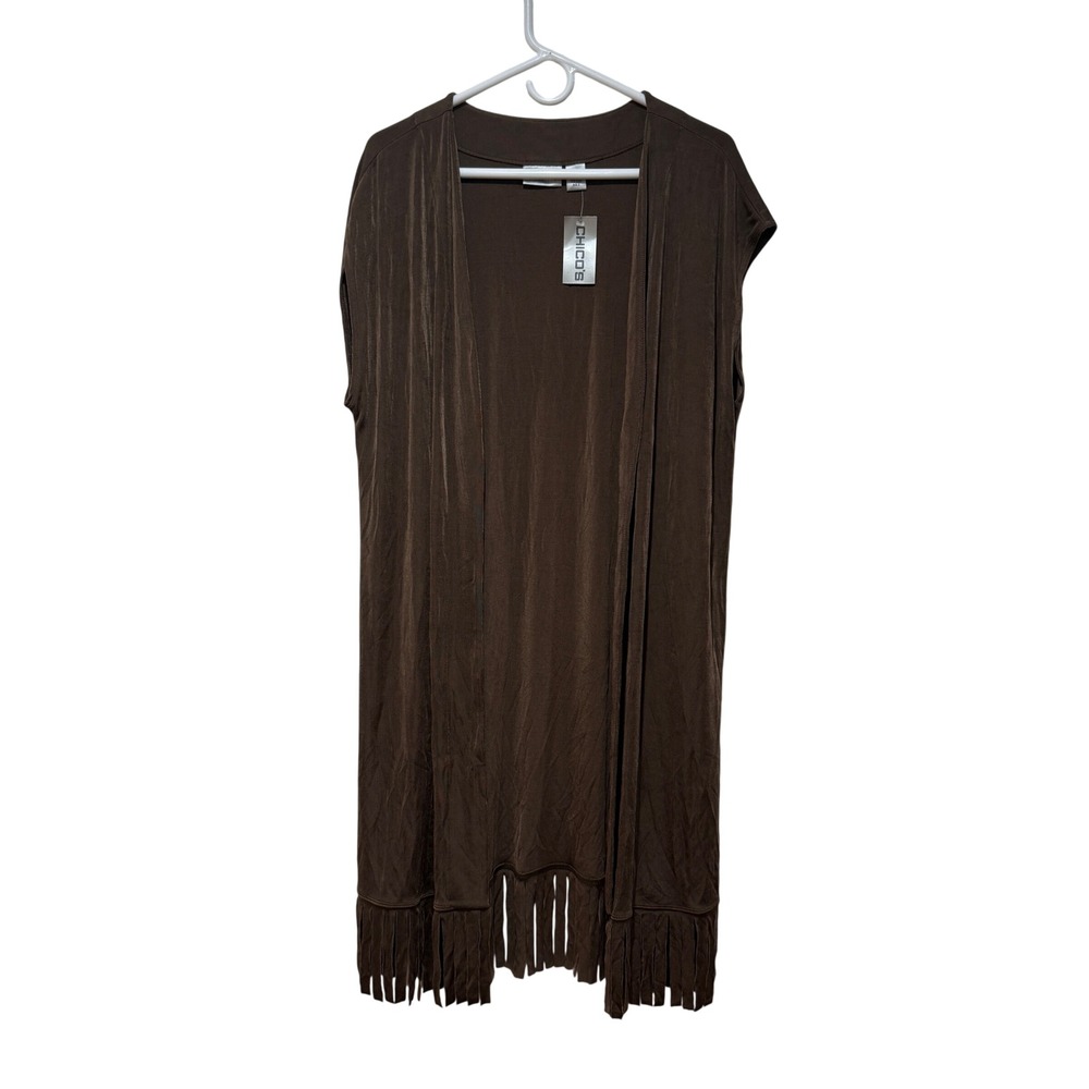 Chicos Travelers Azra Camel Brown Fringe Duster Cardigan Vest Size 3 XL Boho NWT
